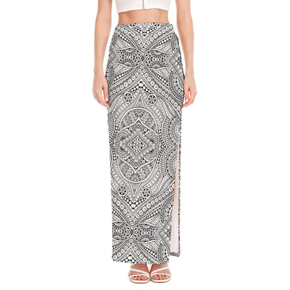 Ethnic Zentangle Pattern Print High Slit Maxi Skirt