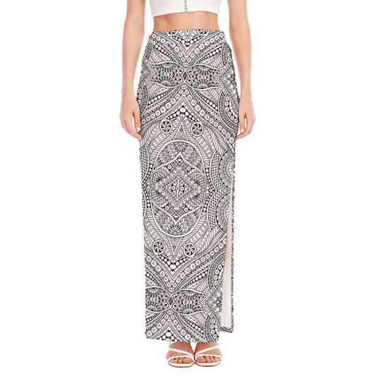 Ethnic Zentangle Pattern Print High Slit Maxi Skirt