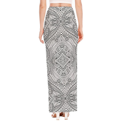 Ethnic Zentangle Pattern Print High Slit Maxi Skirt