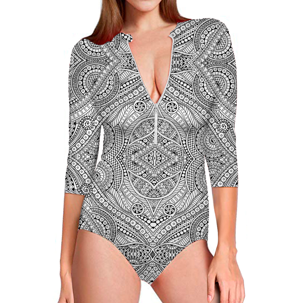 Ethnic Zentangle Pattern Print Long Sleeve Swimsuit