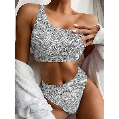 Ethnic Zentangle Pattern Print One Shoulder Bikini Top