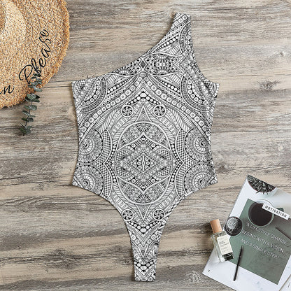 Ethnic Zentangle Pattern Print One Shoulder Bodysuit