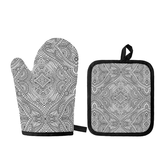 Ethnic Zentangle Pattern Print Oven Mitt And Pot Holder Set