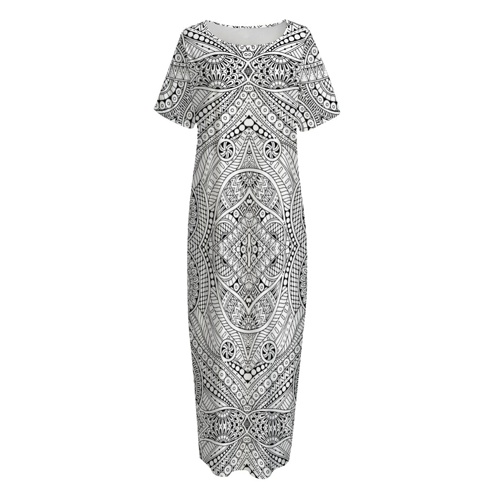 Ethnic Zentangle Pattern Print Short Sleeve Long Nightdress