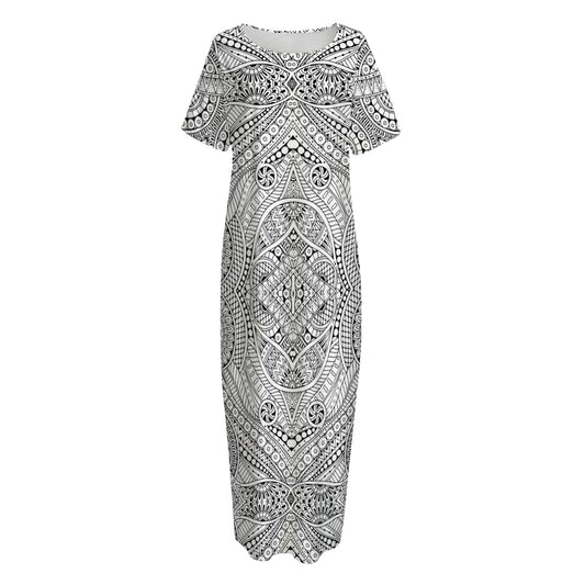 Ethnic Zentangle Pattern Print Short Sleeve Long Nightdress