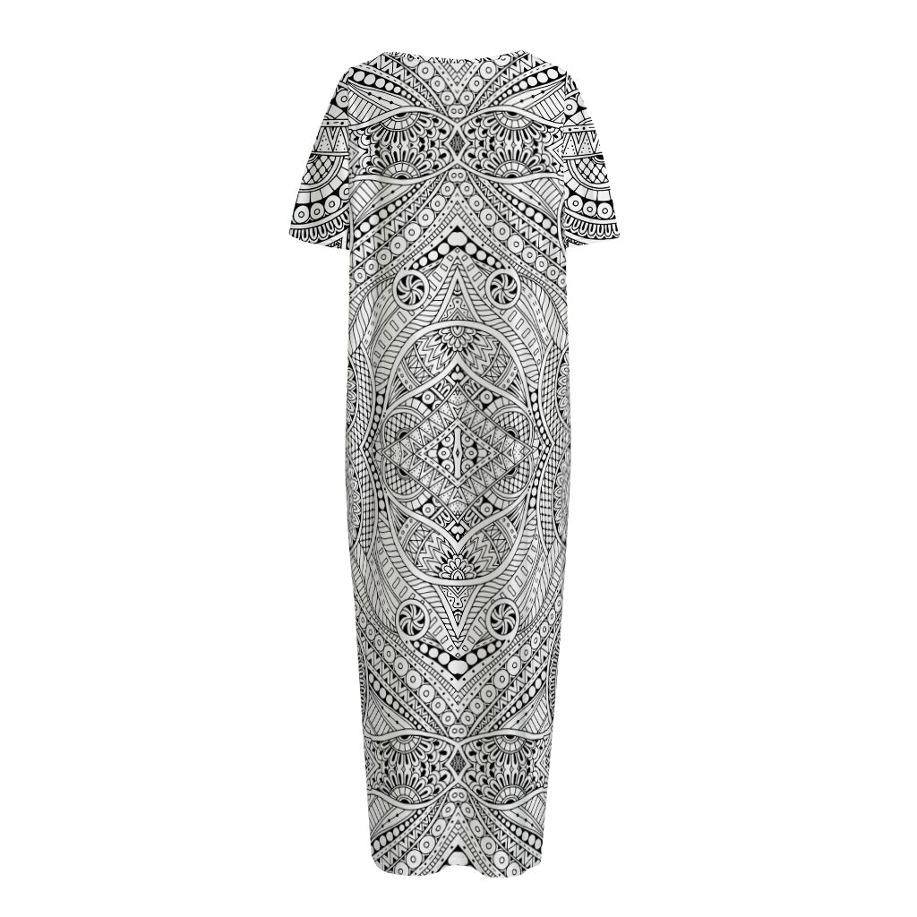 Ethnic Zentangle Pattern Print Short Sleeve Long Nightdress