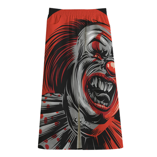 Evil Clown Print Cotton Front Slit Maxi Skirt