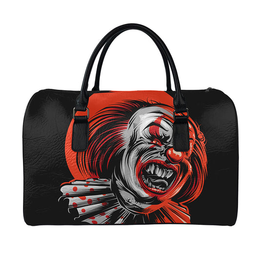 Evil Clown Print Leather Duffle Bag