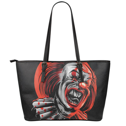 Evil Clown Print Leather Tote Bag