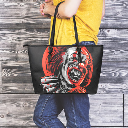 Evil Clown Print Leather Tote Bag