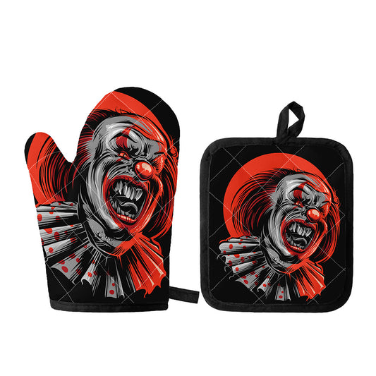 Evil Clown Print Oven Mitt And Pot Holder Set