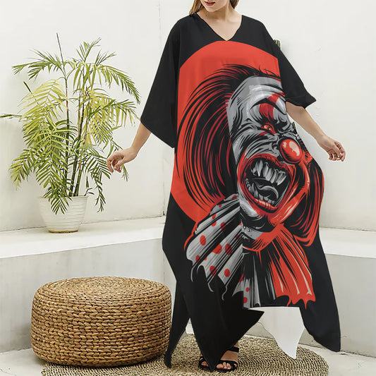 Evil Clown Print Silk V-Neck Kaftan Dress