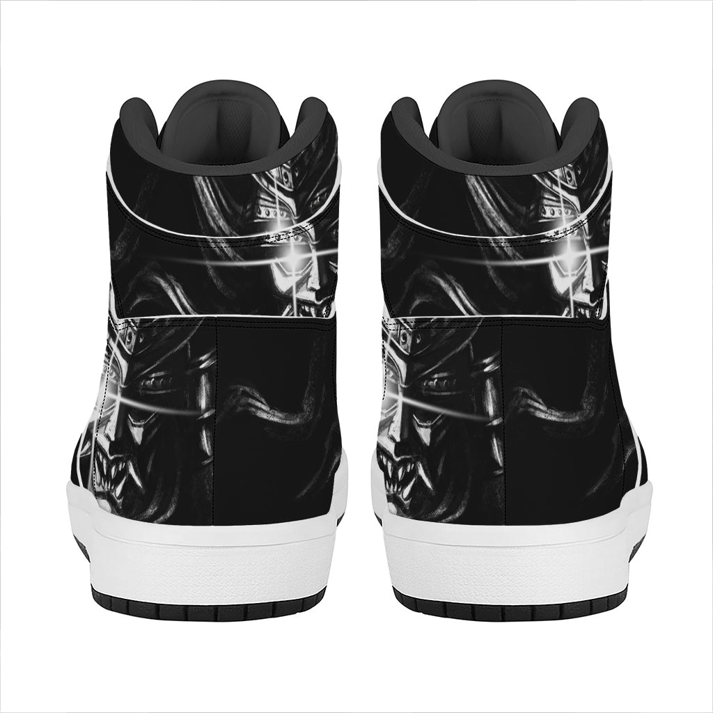 Evil Samurai Mask Print High Top Leather Sneakers