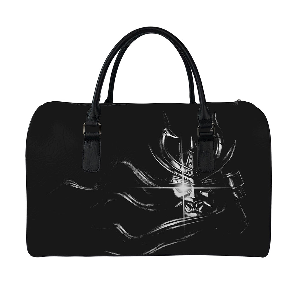Evil Samurai Mask Print Leather Duffle Bag