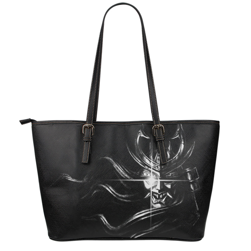 Evil Samurai Mask Print Leather Tote Bag