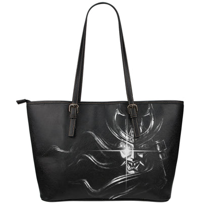Evil Samurai Mask Print Leather Tote Bag
