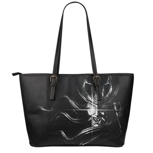 Evil Samurai Mask Print Leather Tote Bag