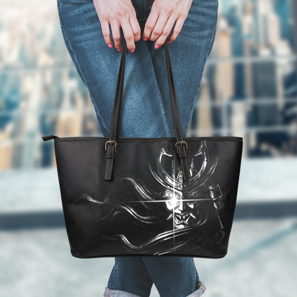Evil Samurai Mask Print Leather Tote Bag