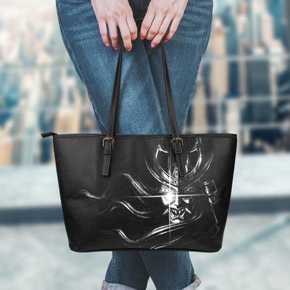 Evil Samurai Mask Print Leather Tote Bag