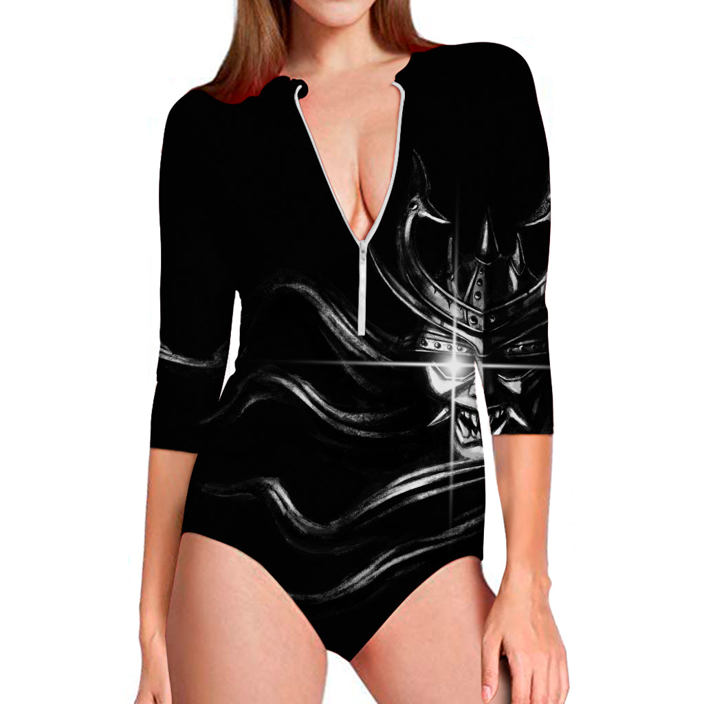 Evil Samurai Mask Print Long Sleeve Swimsuit