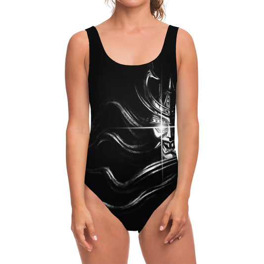 Evil Samurai Mask Print One Piece Swimsuit