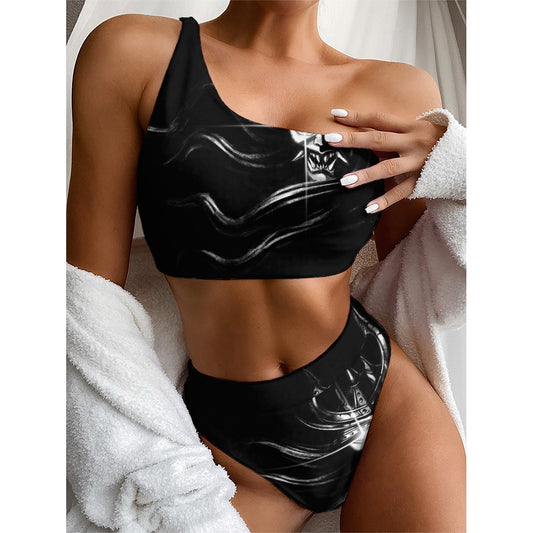 Evil Samurai Mask Print One Shoulder Bikini Top