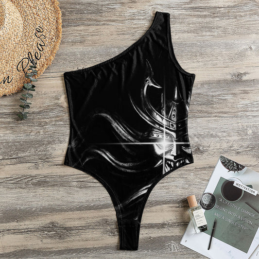 Evil Samurai Mask Print One Shoulder Bodysuit