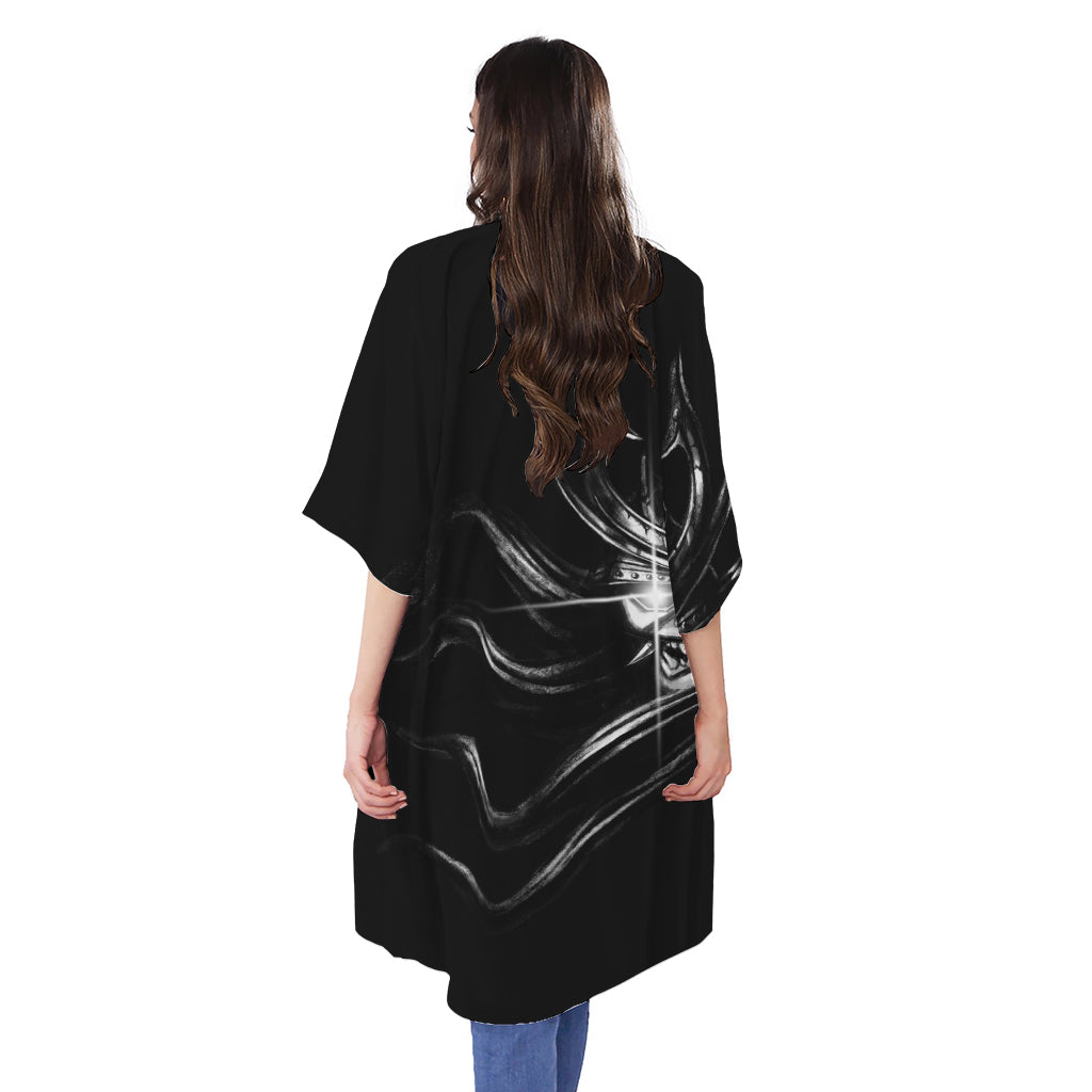 Evil Samurai Mask Print Open Front Beach Cover Up