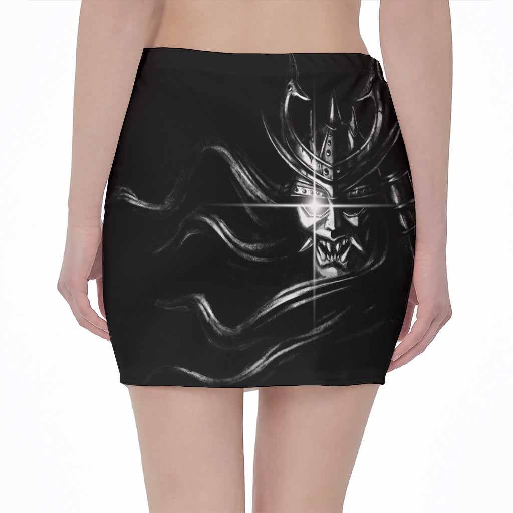 Evil Samurai Mask Print Pencil Mini Skirt