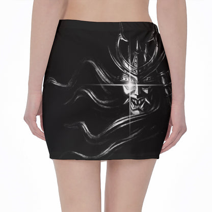 Evil Samurai Mask Print Pencil Mini Skirt