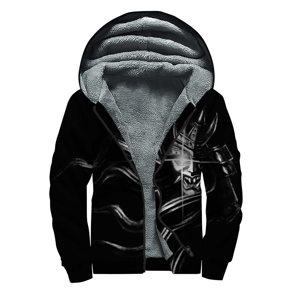 Evil Samurai Mask Print Sherpa Lined Zip Up Hoodie