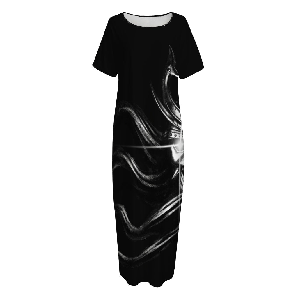 Evil Samurai Mask Print Short Sleeve Long Nightdress