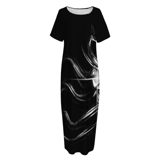 Evil Samurai Mask Print Short Sleeve Long Nightdress
