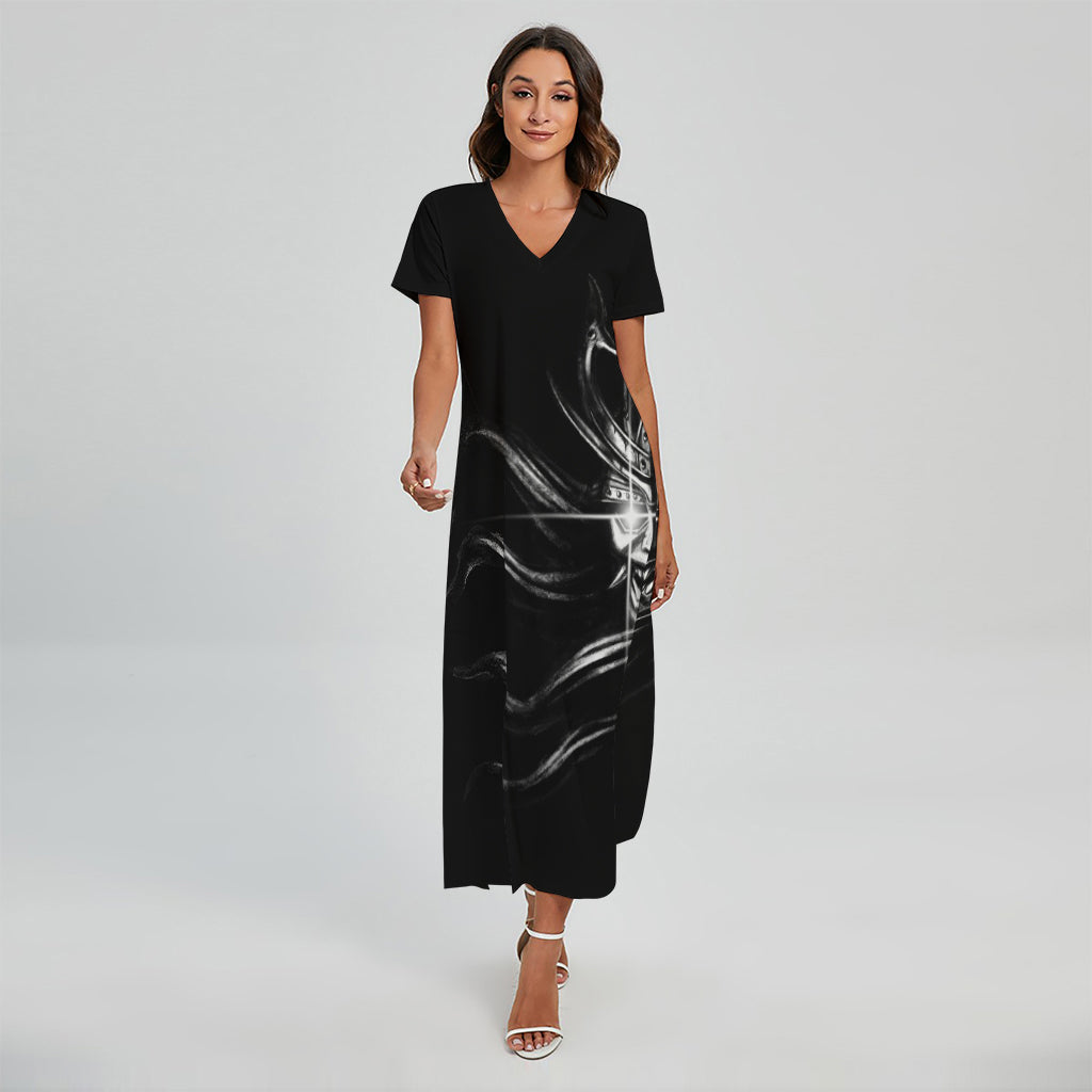 Evil Samurai Mask Print Short Sleeve Maxi Dress