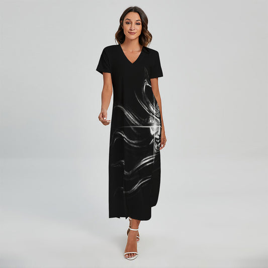 Evil Samurai Mask Print Short Sleeve Maxi Dress