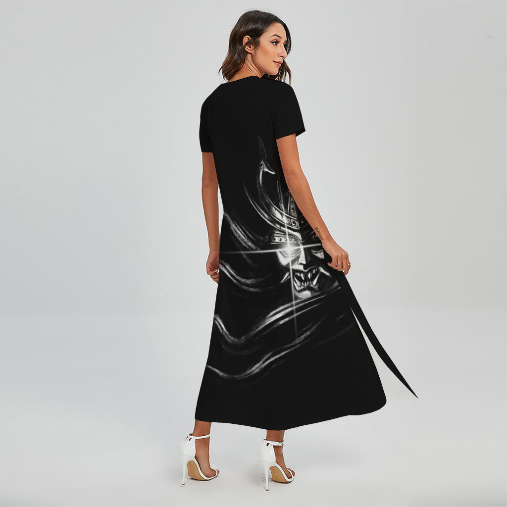 Evil Samurai Mask Print Short Sleeve Maxi Dress