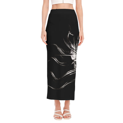 Evil Samurai Mask Print Side Slit Maxi Skirt