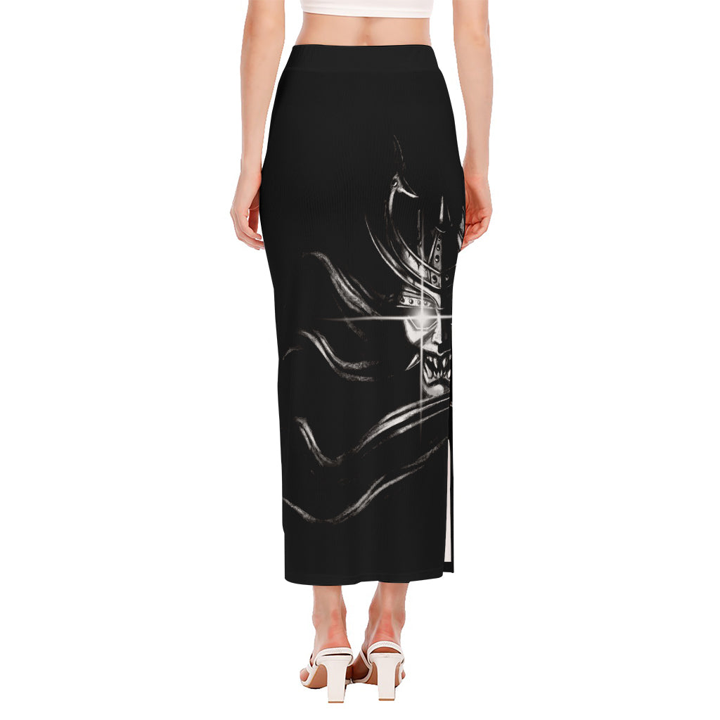 Evil Samurai Mask Print Side Slit Maxi Skirt