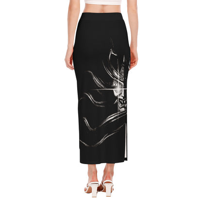 Evil Samurai Mask Print Side Slit Maxi Skirt