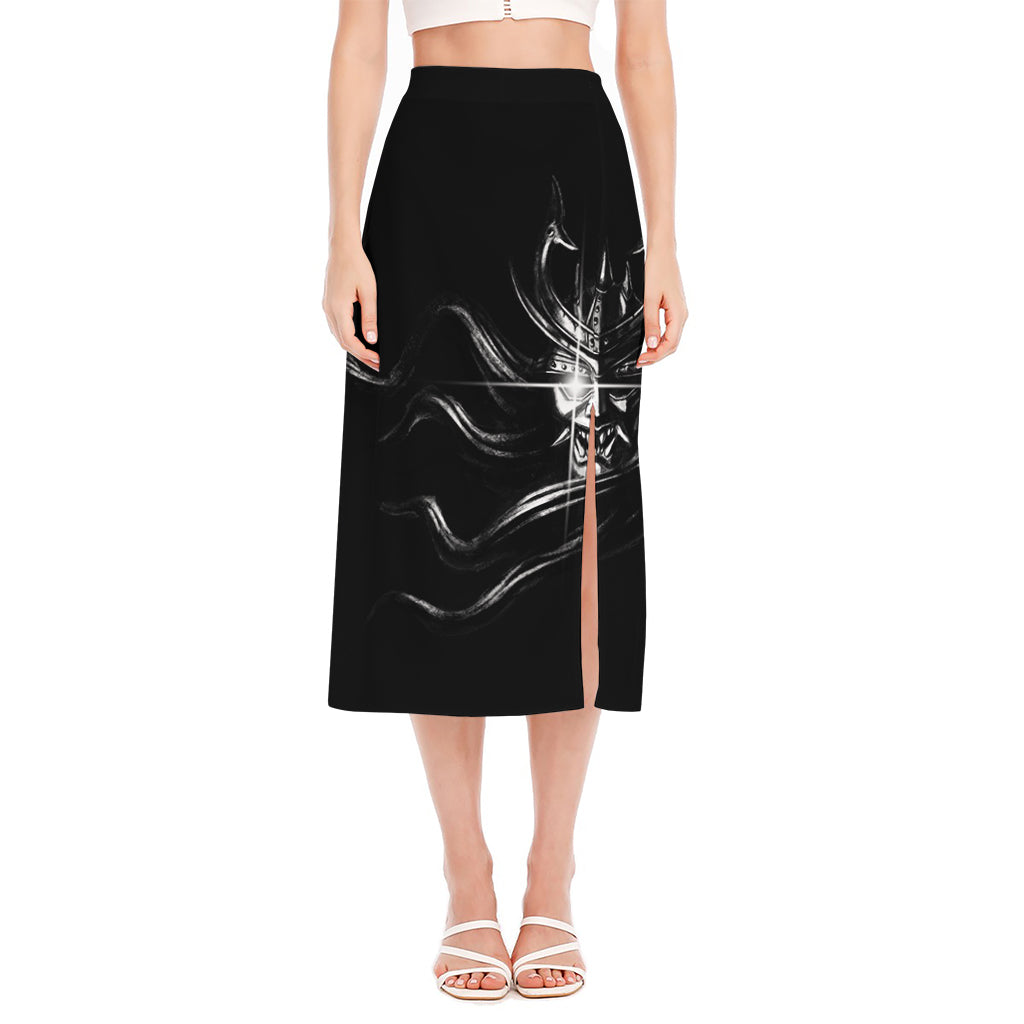 Evil Samurai Mask Print Side Slit Midi Skirt