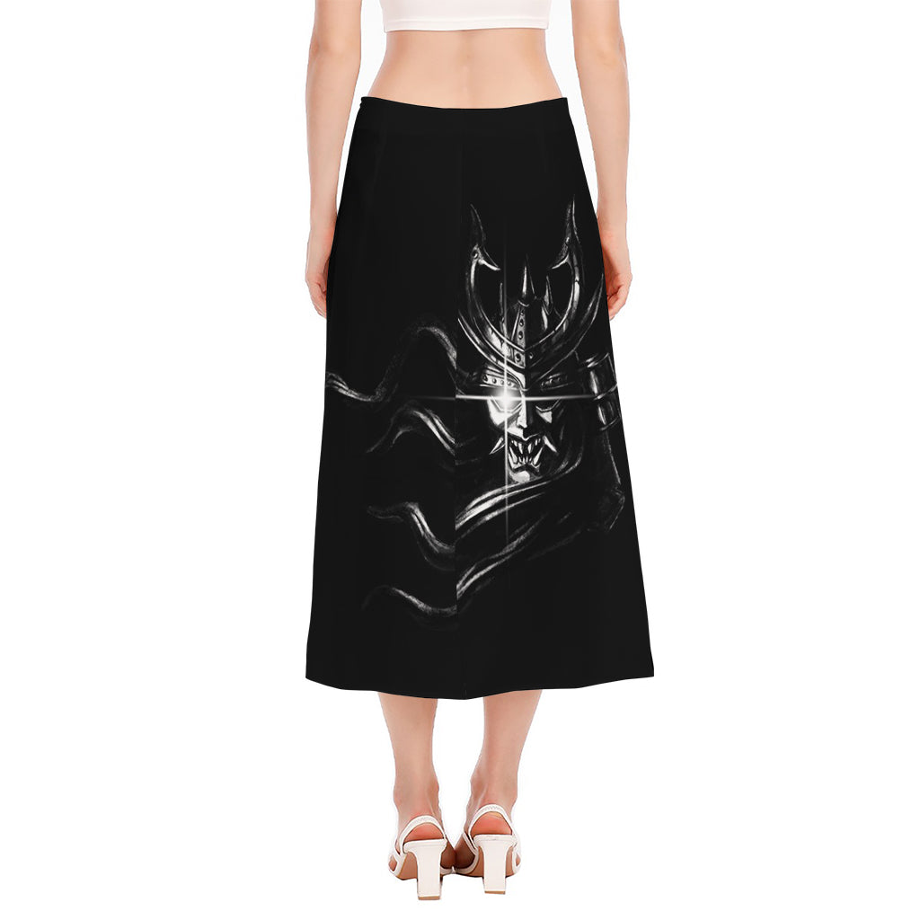 Evil Samurai Mask Print Side Slit Midi Skirt
