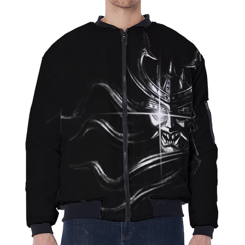 Evil Samurai Mask Print Zip Sleeve Bomber Jacket