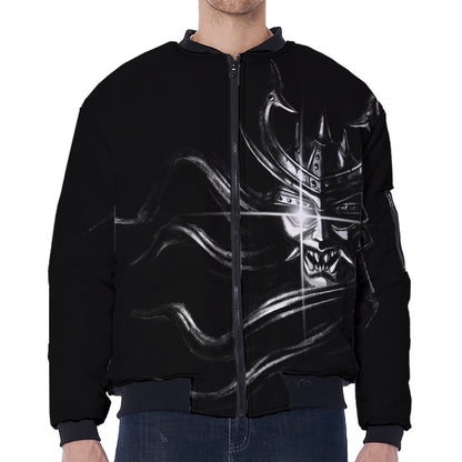 Evil Samurai Mask Print Zip Sleeve Bomber Jacket