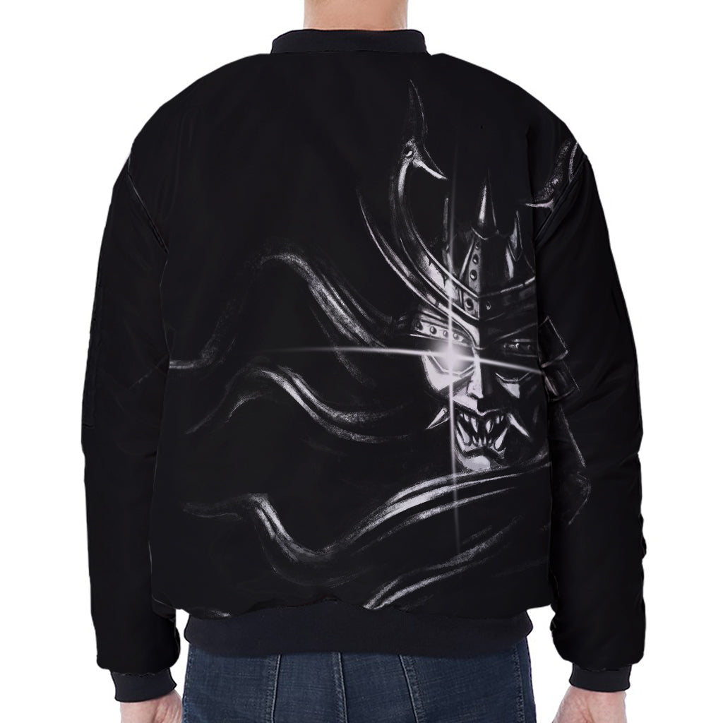 Evil Samurai Mask Print Zip Sleeve Bomber Jacket