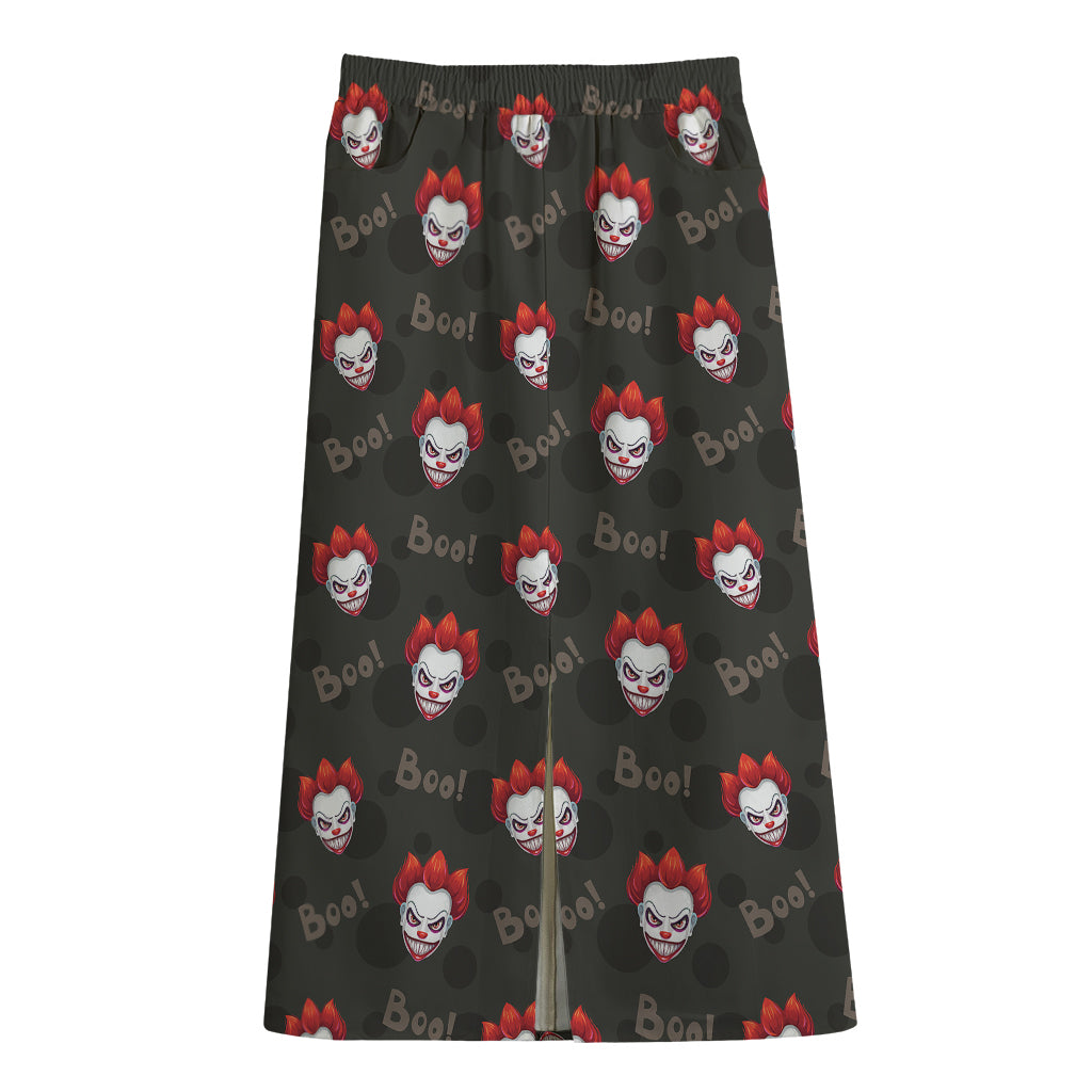 Evil Scary Clown Pattern Print Cotton Front Slit Maxi Skirt