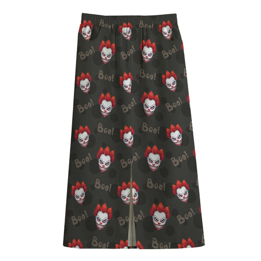 Evil Scary Clown Pattern Print Cotton Front Slit Maxi Skirt