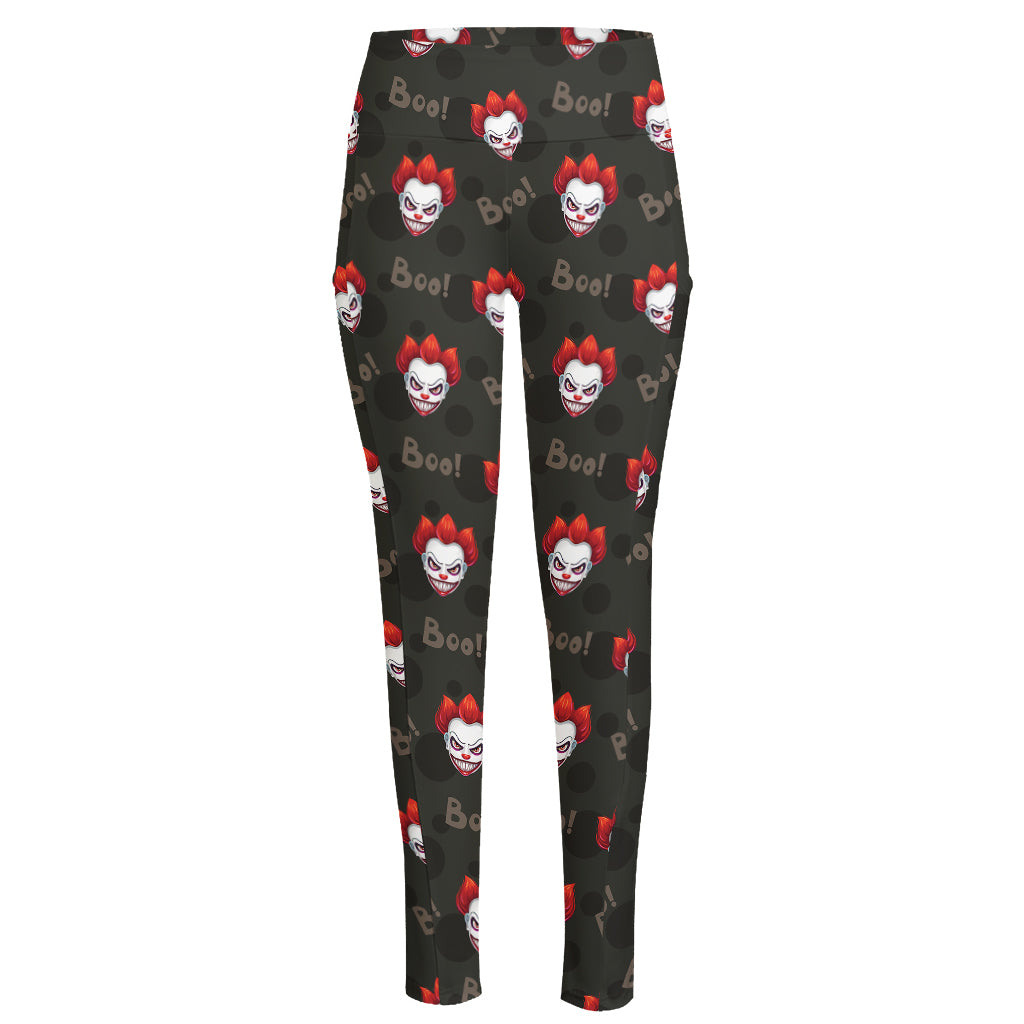 Evil Scary Clown Pattern Print High-Waisted Pocket Leggings