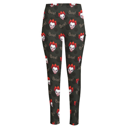 Evil Scary Clown Pattern Print High-Waisted Pocket Leggings