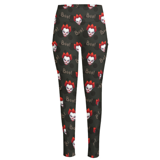 Evil Scary Clown Pattern Print High-Waisted Pocket Leggings