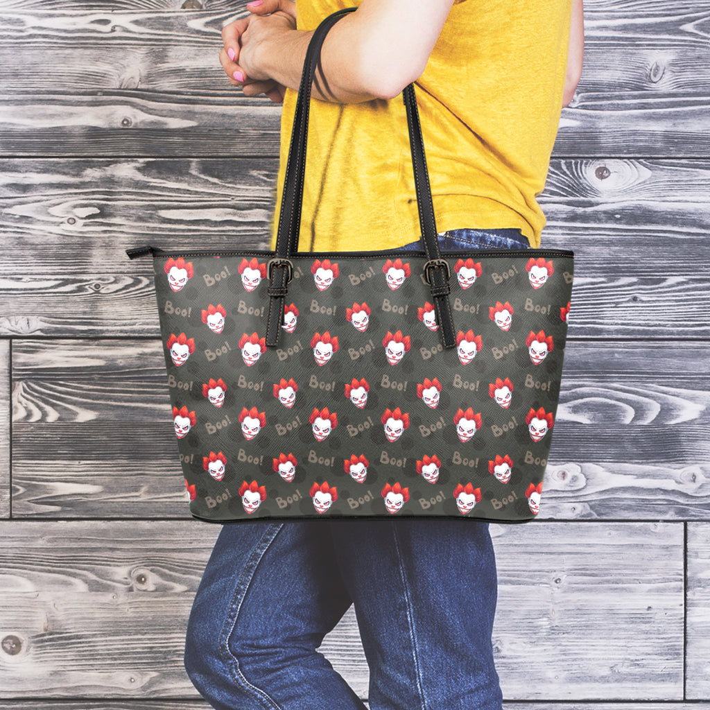 Evil Scary Clown Pattern Print Leather Tote Bag